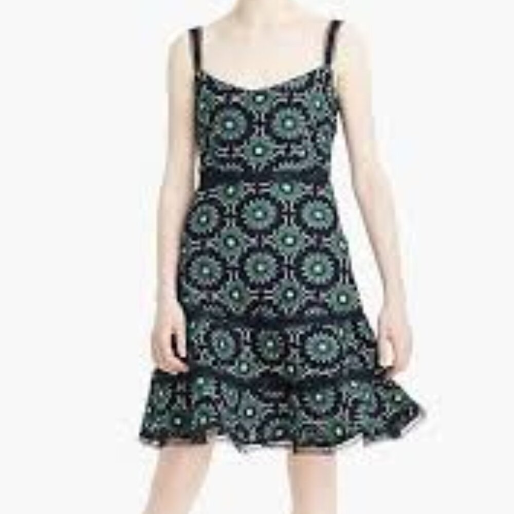 J Crew Graphic Lace A Line Mini Dress Womens 0 Green Crochet Floral Lace Preppy